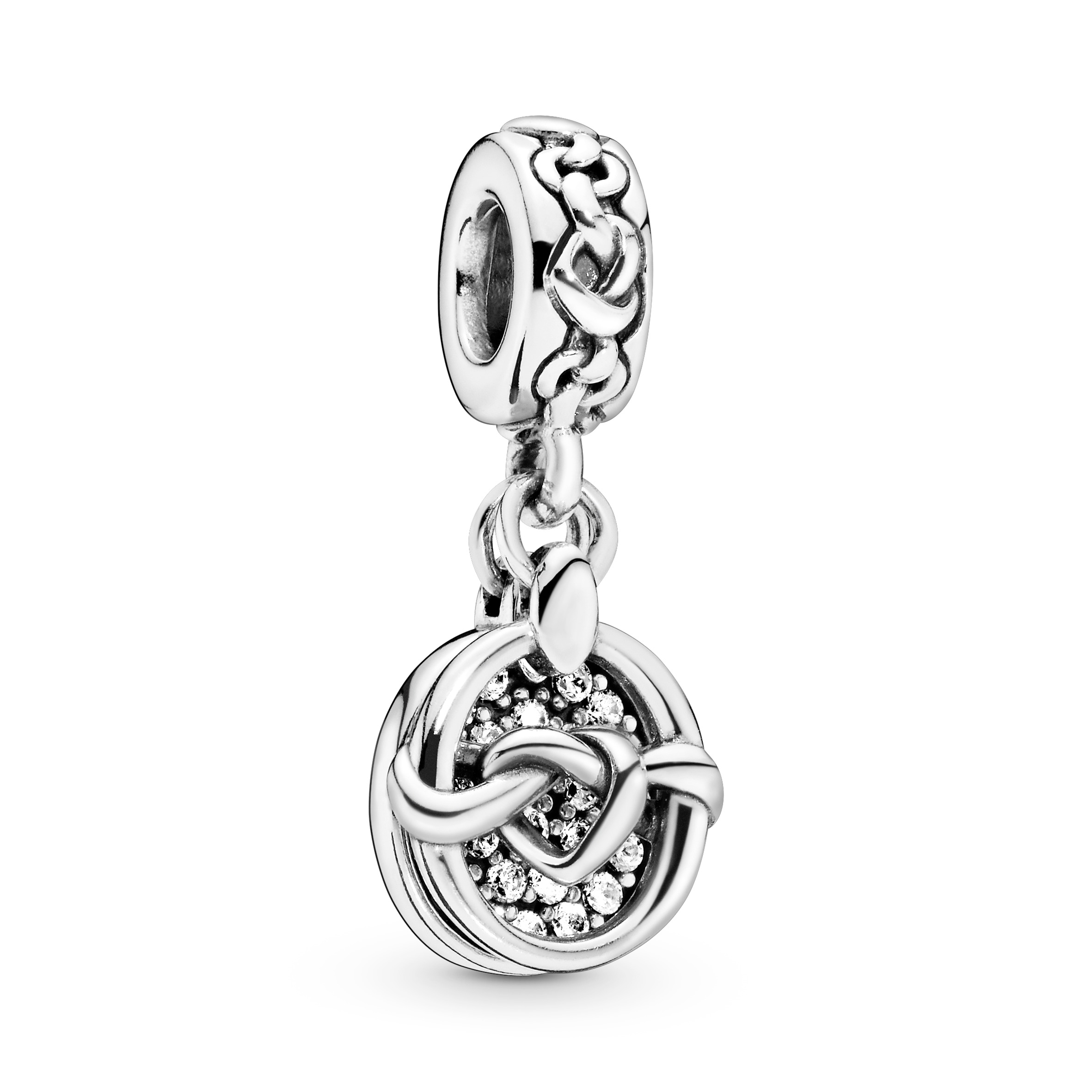Knotted hearts silver dangle with clear cubiczirco