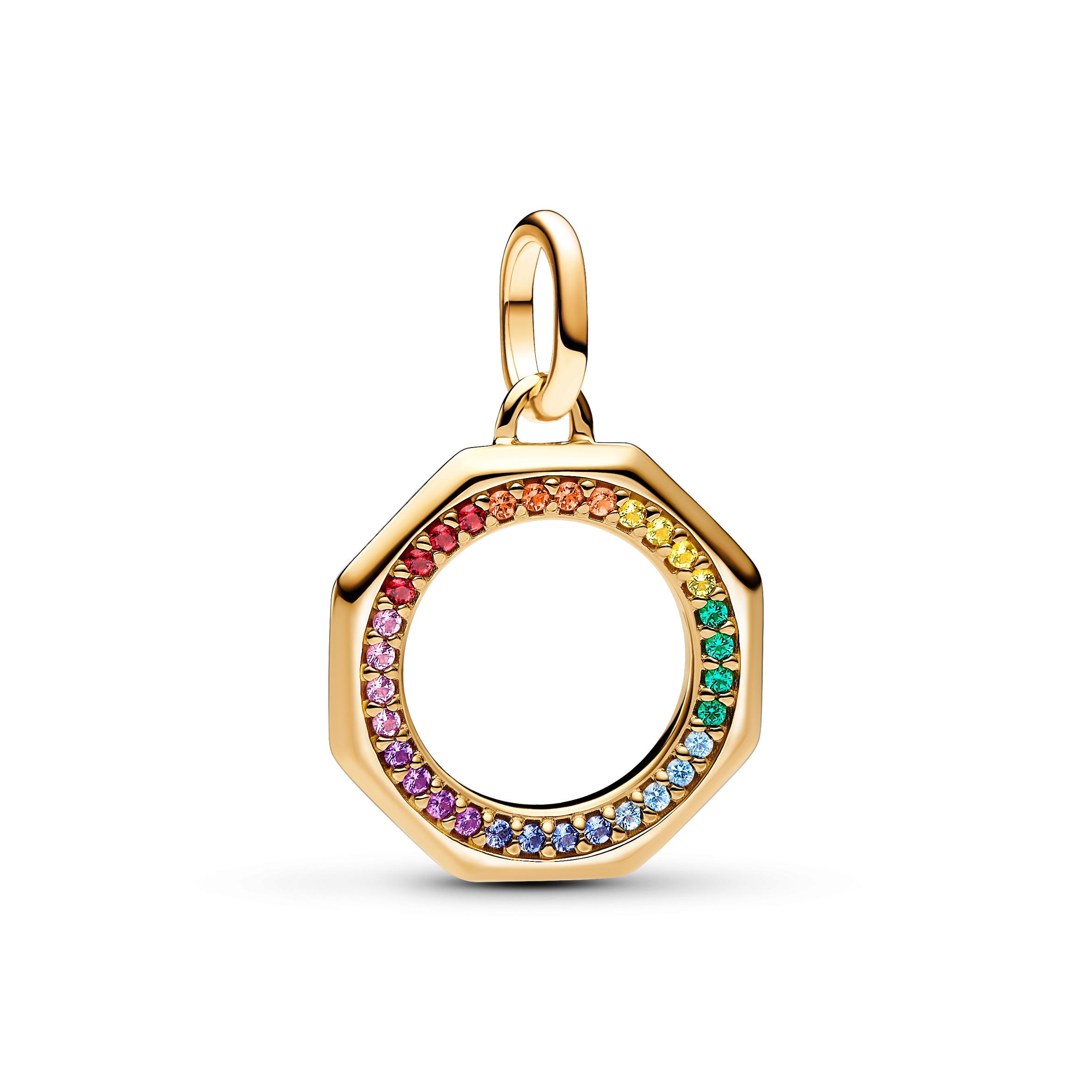 Rainbow 14k gold-plated medallion with green, pink, blue, red, purple, orange and yellow crystal