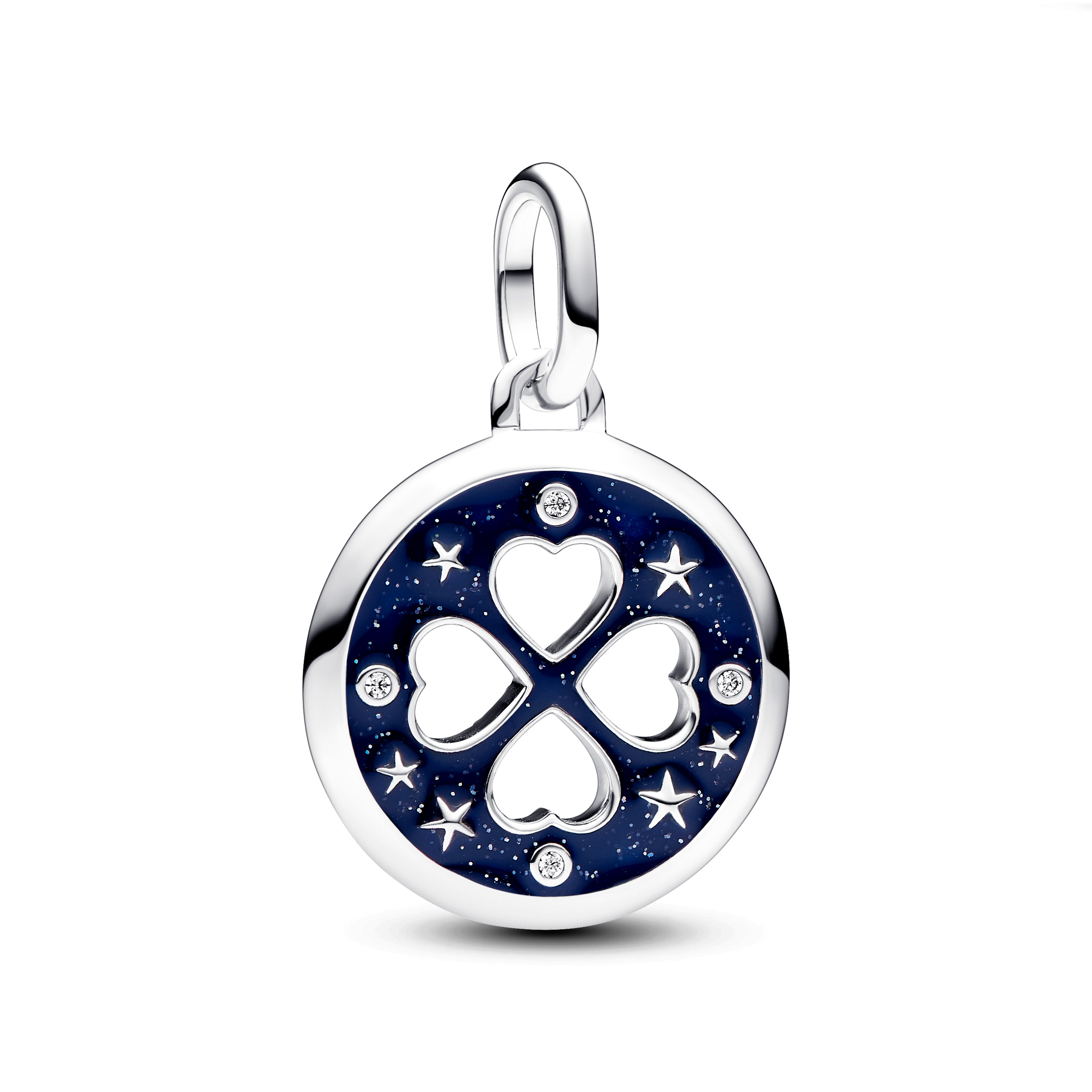 Clover sterling silver medallion with clear cubic zirconia and glittery blue enamel