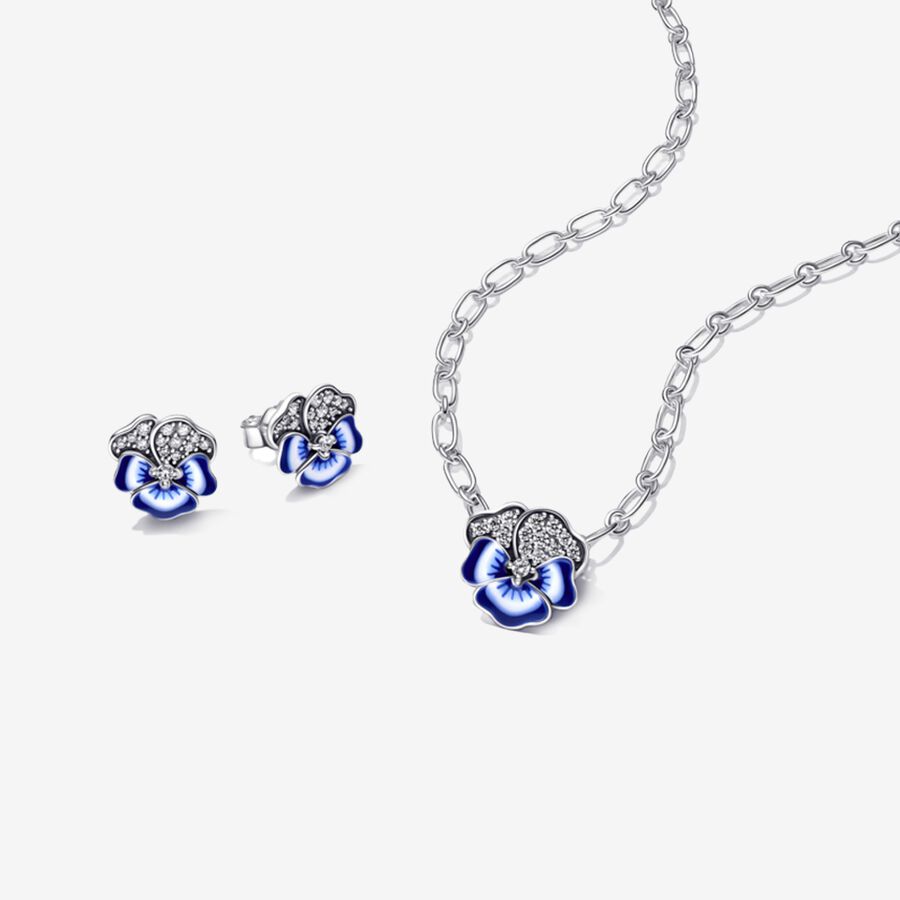 Blue Pansy Flower Jewelry Set