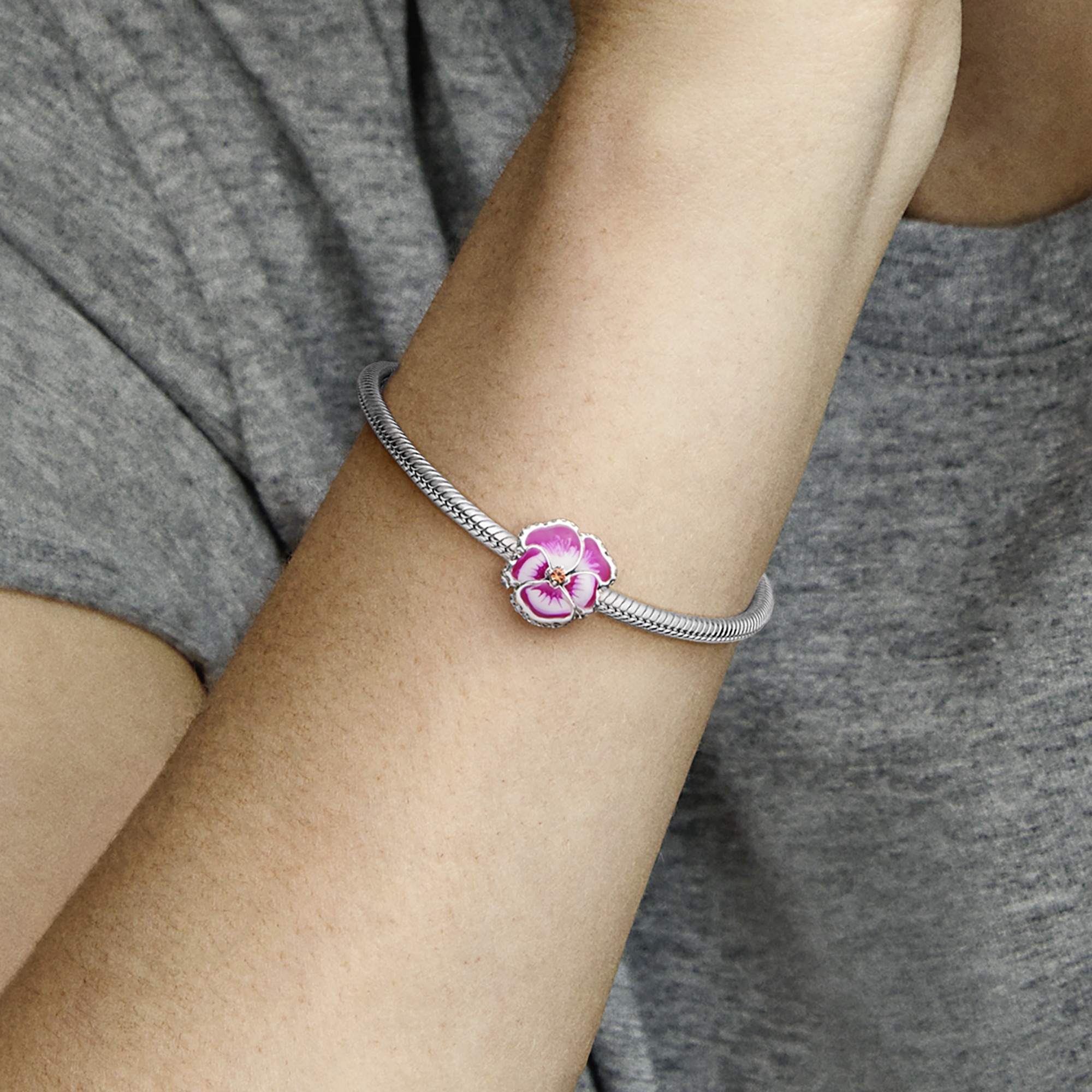 Pansy sterling silver  charm with clear cubic zirconia, burnt orange crystal, shaded pink  and white