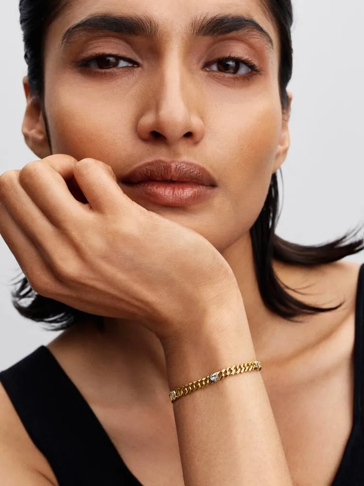 Heart cuban chain 14k gold-plated bracelet with clear cubic zirconia/ 564226C01-18