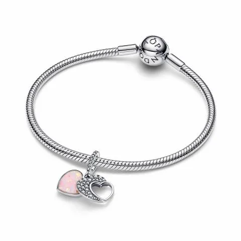 Heart sterling silver double dangle with clear cubic zirconia and pink mosaic lab-created opal and resin/ 794456C01