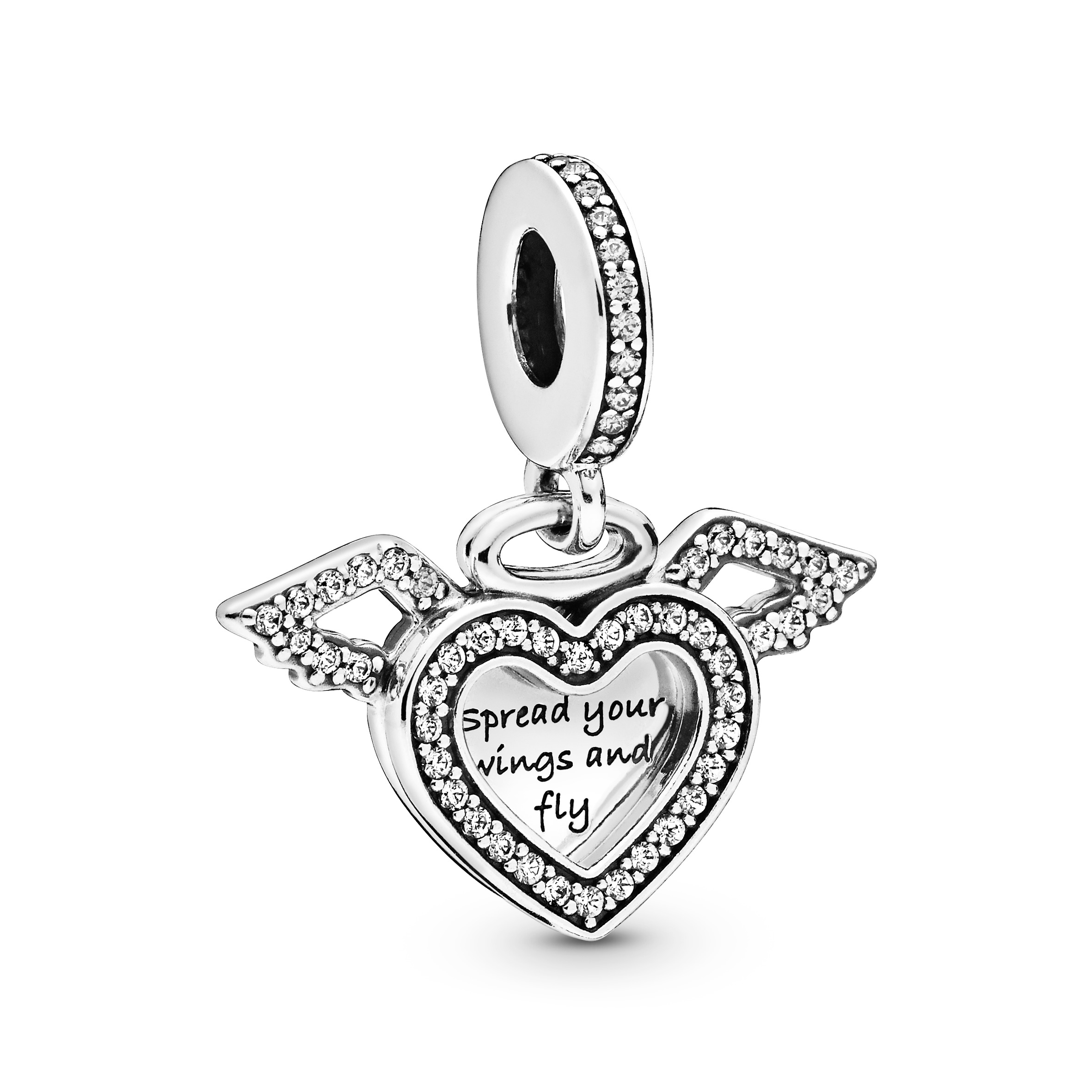 Heart and wings sterling silver dangle with clear 