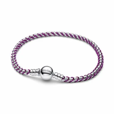 Braided sterling silver box chain bracelet with purple textile cord/ 593816C03-17
