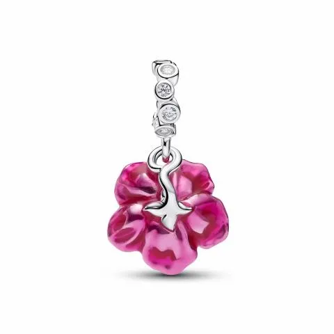 Hibiscus sterling silver dangle with clear cubic zirconia and pink enamel/ 794698C01