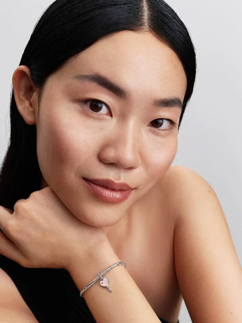 Heart key sterling silver dangle with clear cubic zirconia and lab-created pink opal/ 794427C01