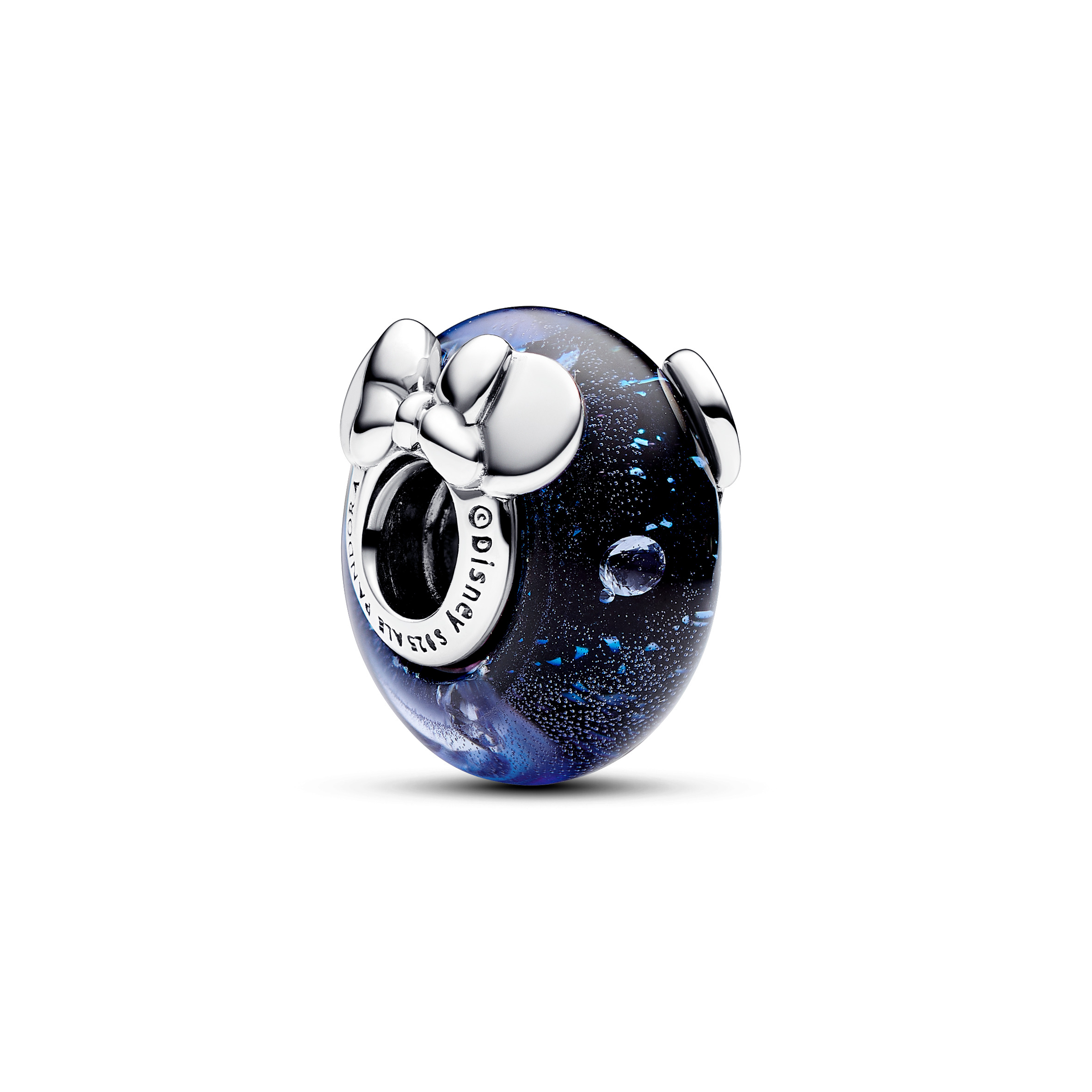 Disney Mickey and Minnie sterling silver charm with dichroic dark blue Murano glass and clear cubic 