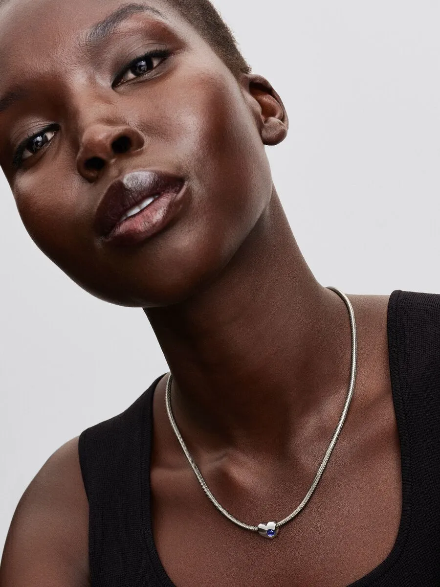 Engravable heart sterling silver charm with princess blue crystal / 794161C09