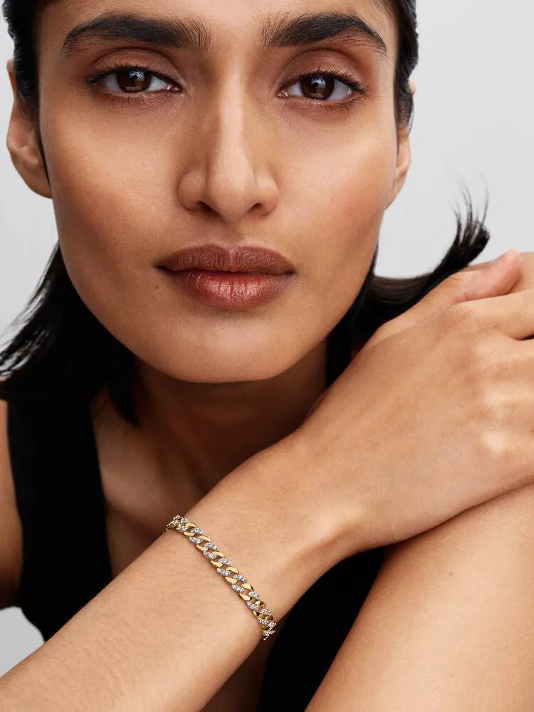 Cuban chain sterling silver and 14k gold-plated bracelet with clear cubic zirconia/ 564229C01-18