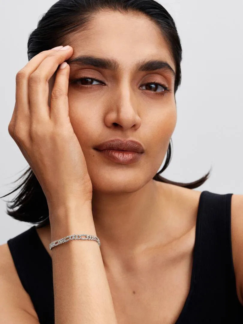 Oval cuban chain sterling silver bracelet with cle