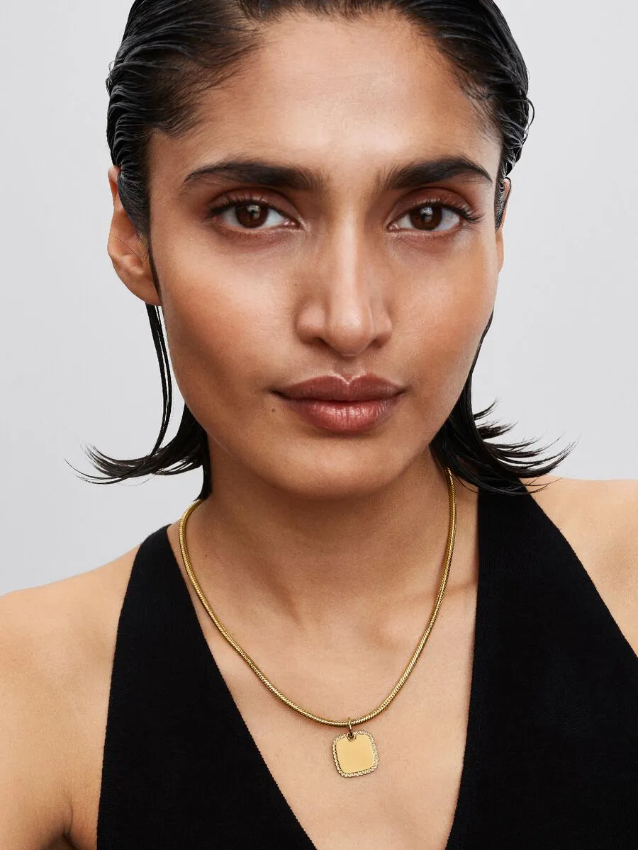 Engravable square 14k gold-plated pendant with cle