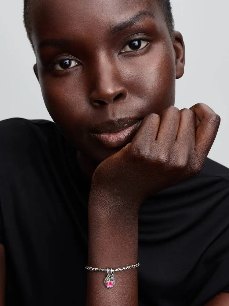 Magnetic love birds sterling silver splittable dangle with royal green crystal, yellow and shaded pink enamel / 794484C01