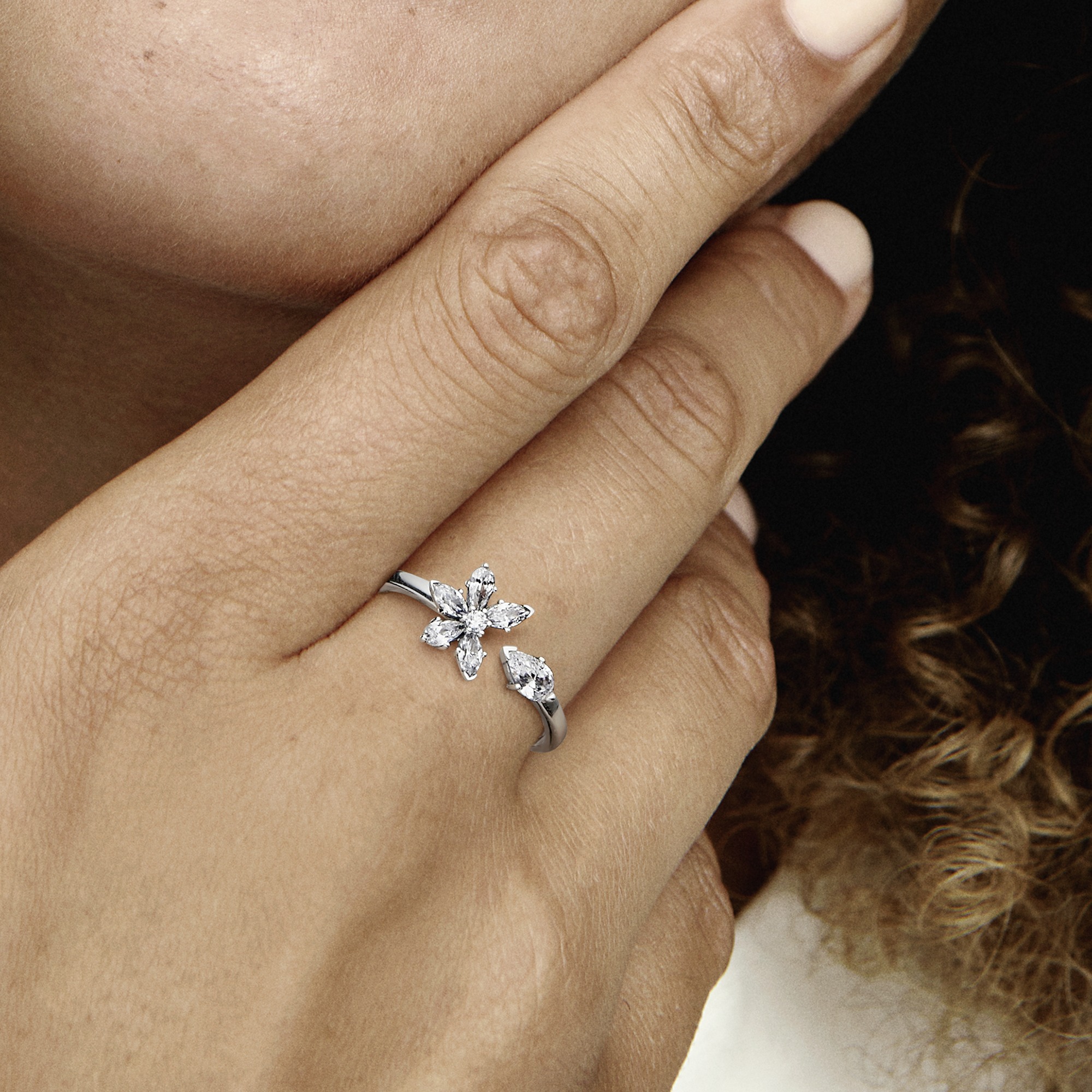 Herbarium cluster sterling silver open ring with clear cubic zirconia