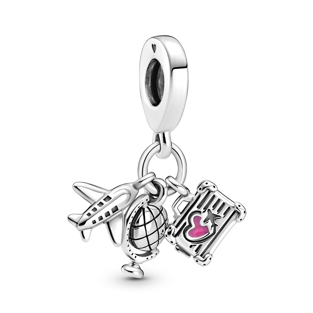 Airplane, globe and suitcase sterling silver dangl