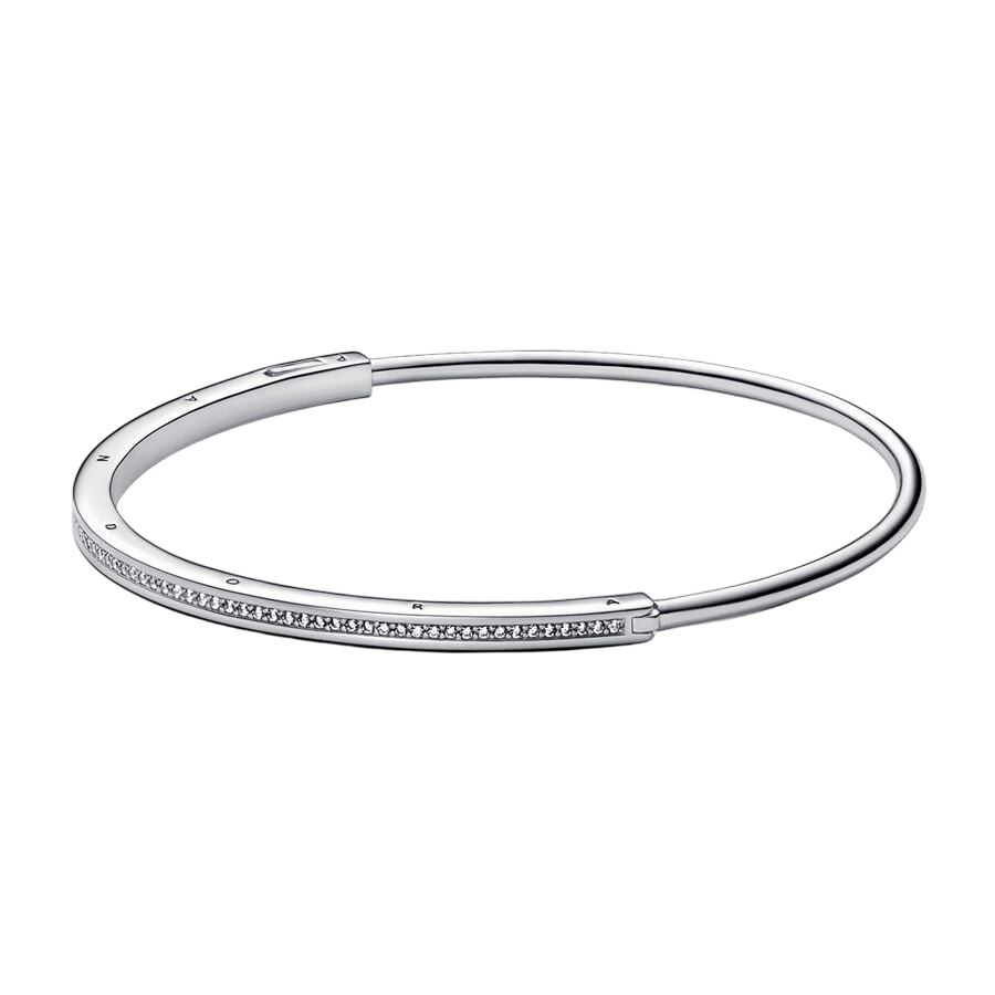 Pandora logo sterling silver bangle with clear cub