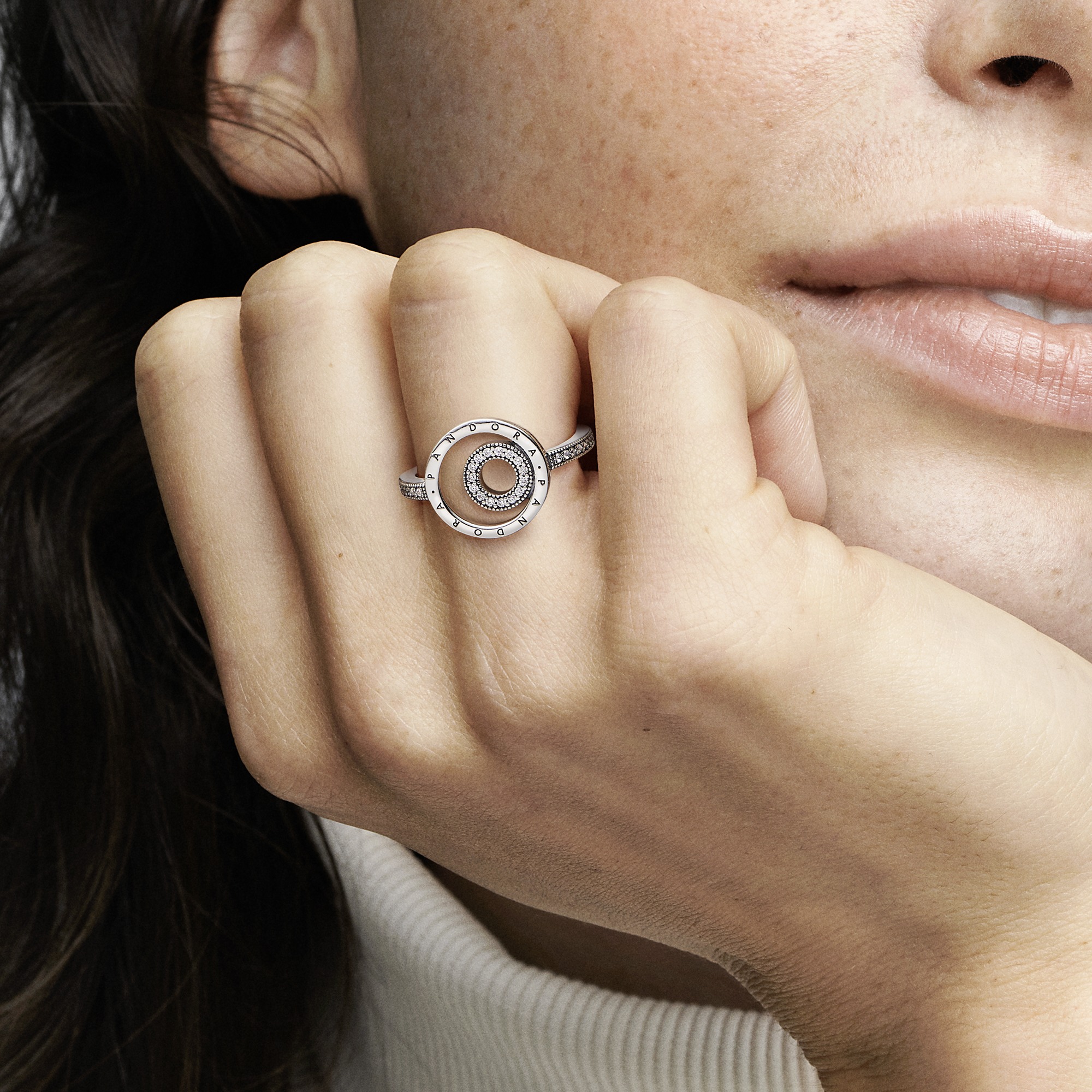 Pandora logo sterling silver ring with clear cubic