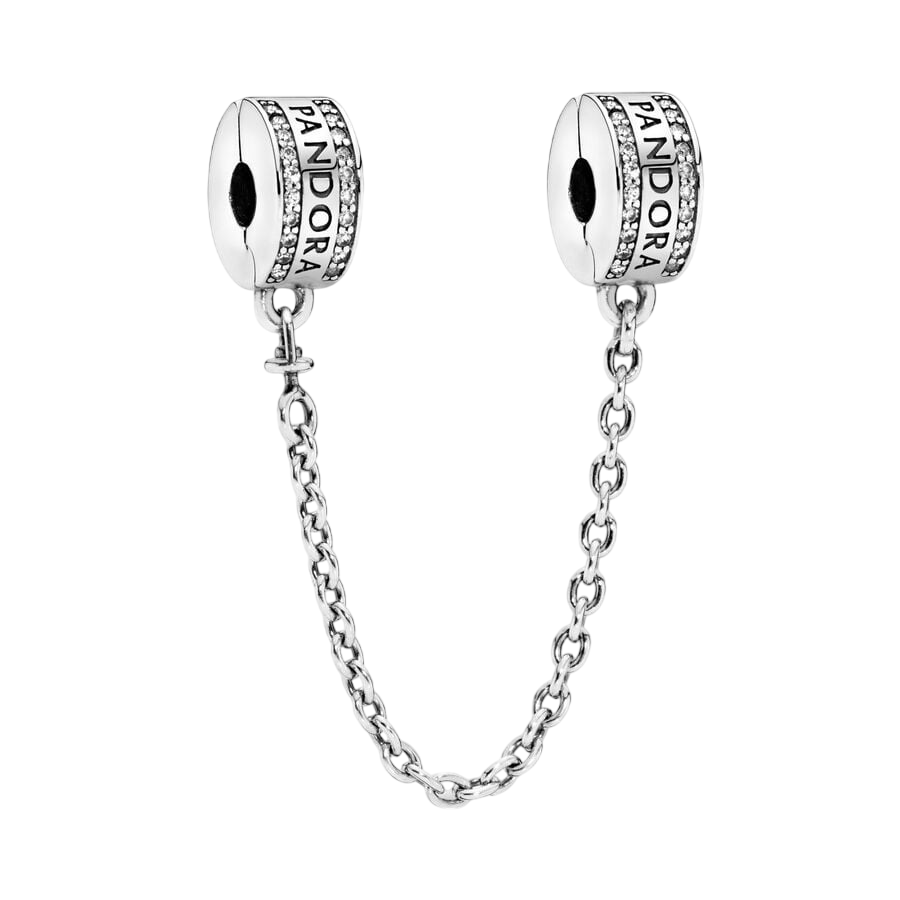 PANDORA logo silver safety chain with clear cubic 