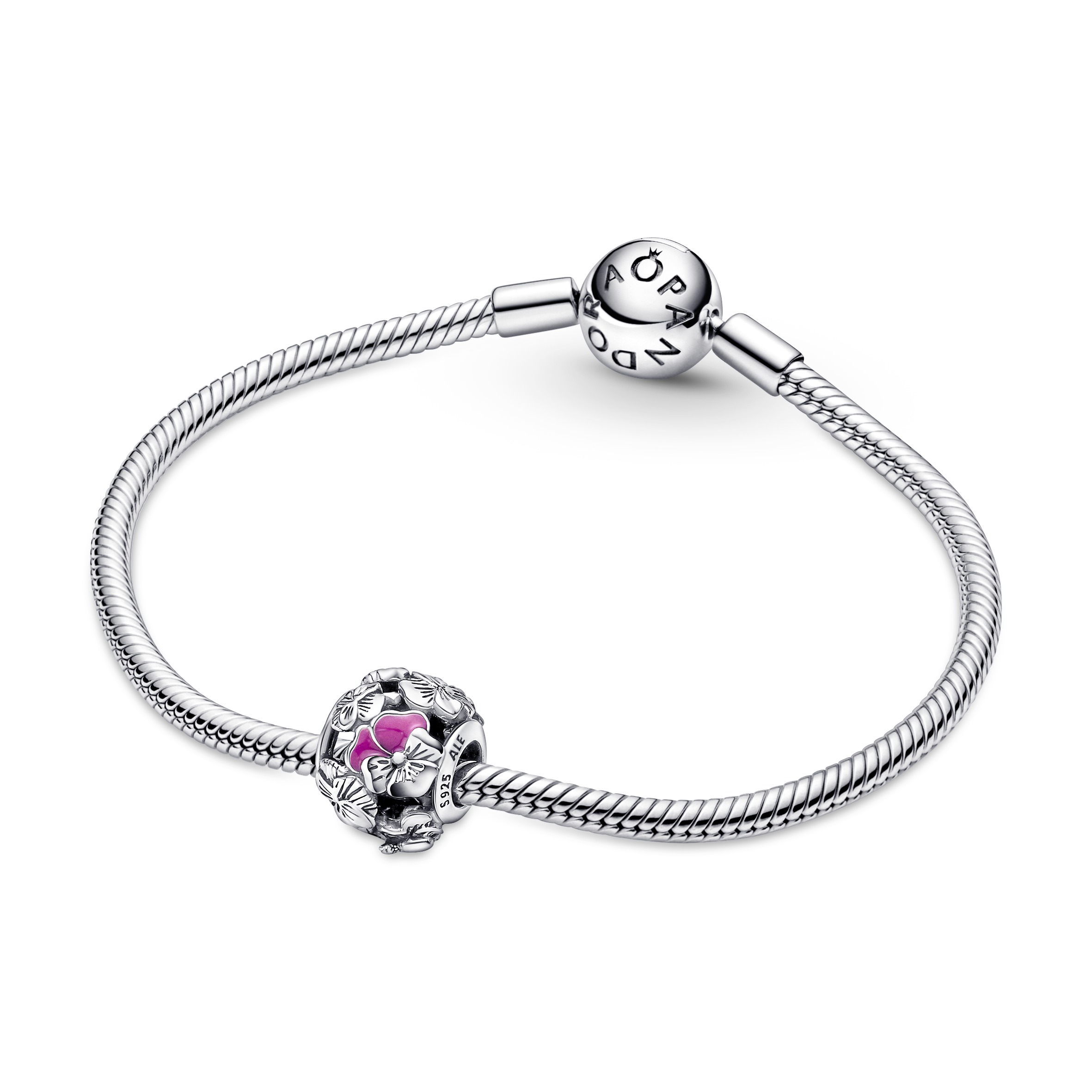 Pansy, snail and butterfly sterling silver charm with pink enamel