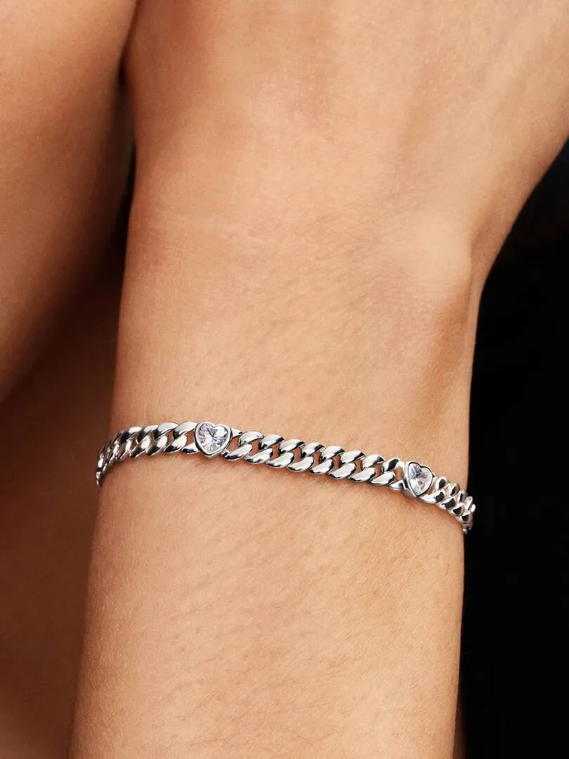 Heart cuban chain sterling silver bracelet with cl