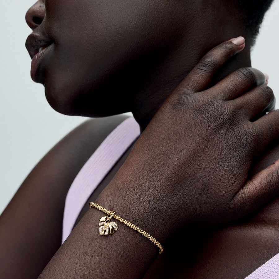 Monstera 14k gold-plated dangle with clear cubic z