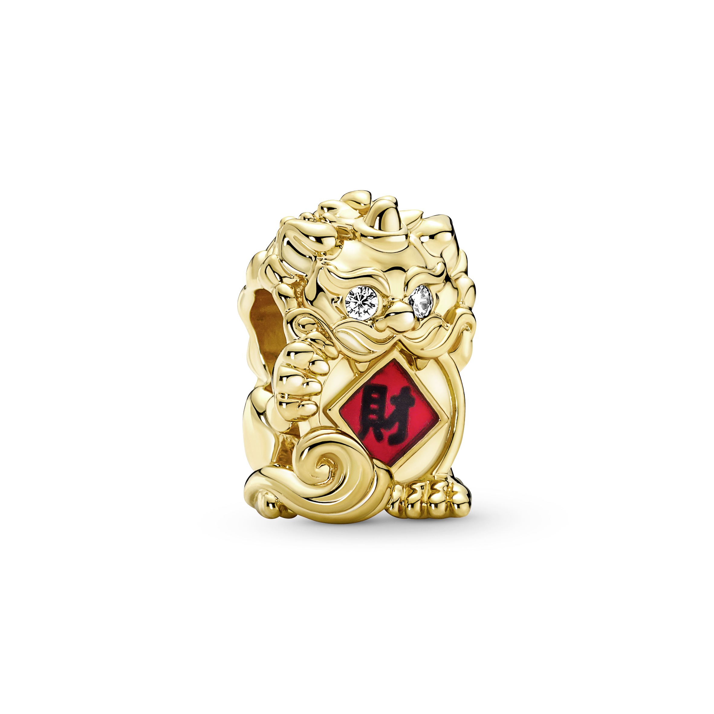 Chinese pixiu 14k  gold-plated charm withclear cubic zirconia,black and transparent red enamel/Шарм 