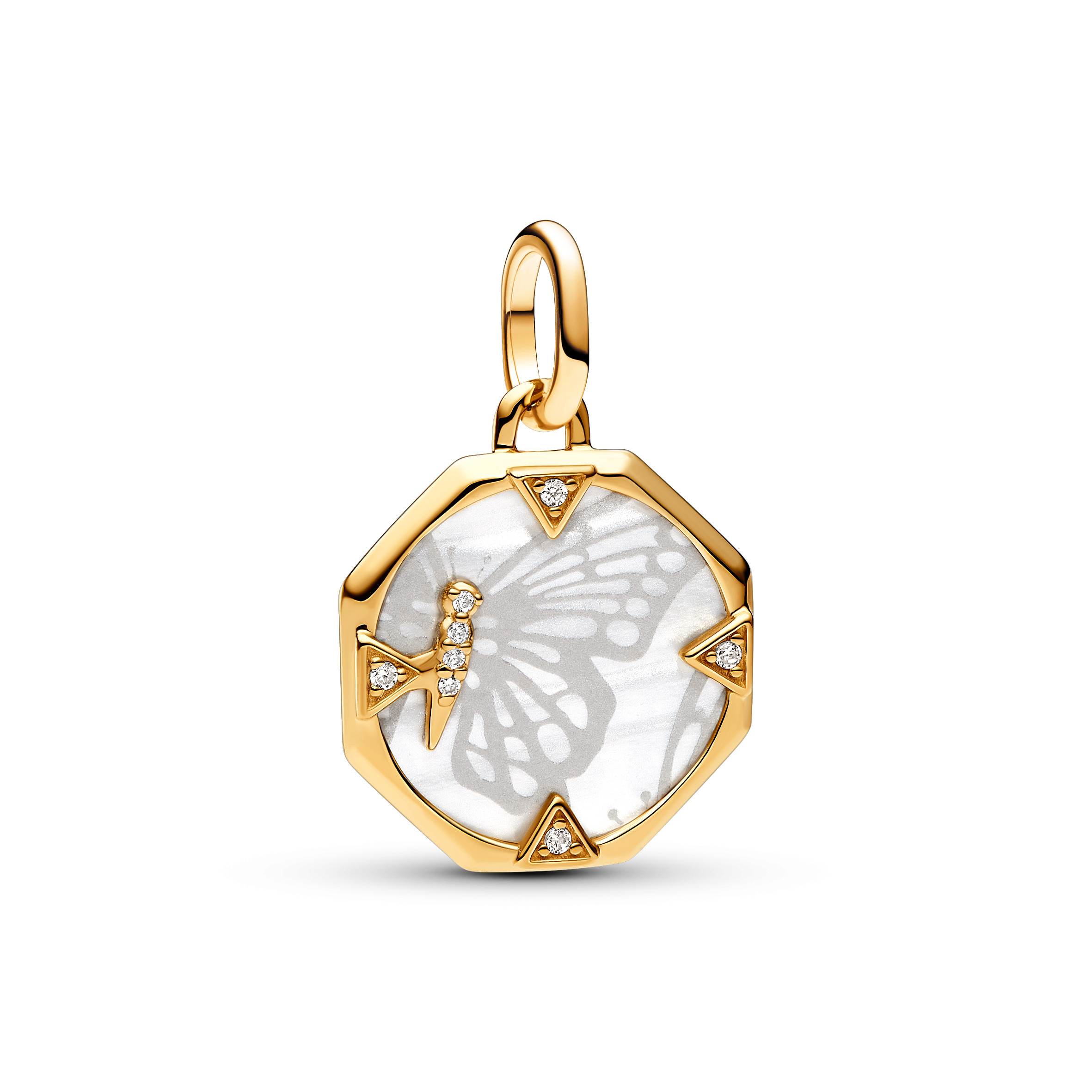 Butterfly 14k gold-plated medallion with clear cubic zirconia and white bioresin man-made mother of 