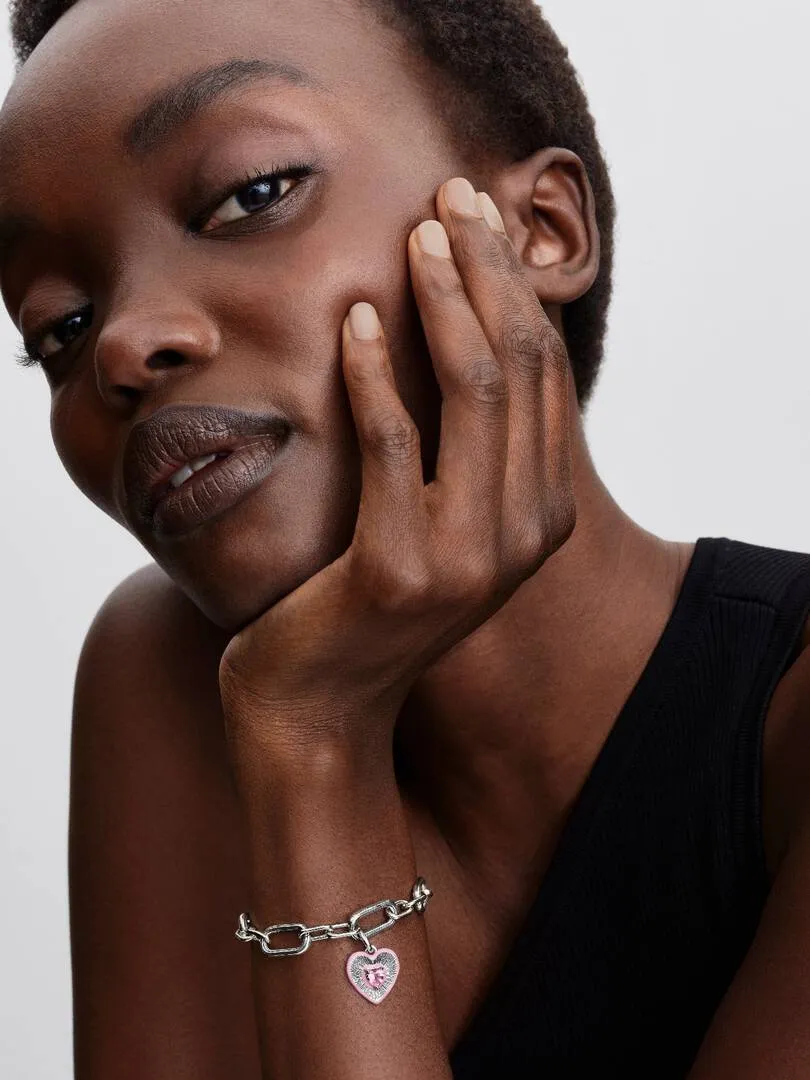 Heart sterling silver medallion with orchid pink crystal and pink enamel/ 794409C01