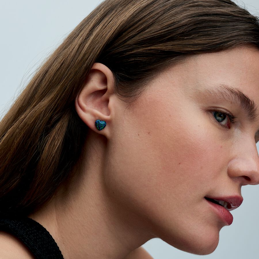 Heart sterling silver stud earrings with green blu