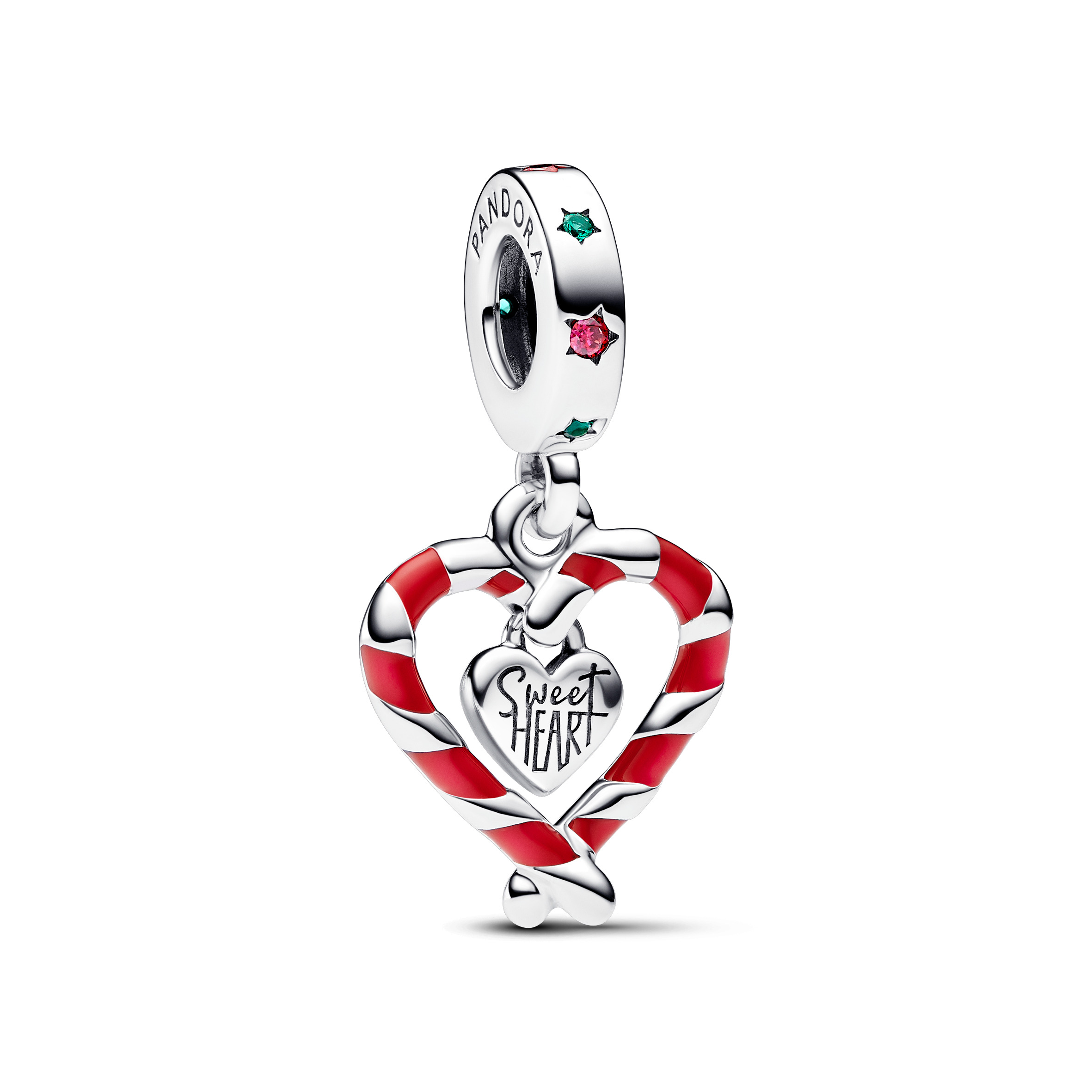 Candy cane sterling silver dangle with lake green crystal, red cubic zirconia and red enamel