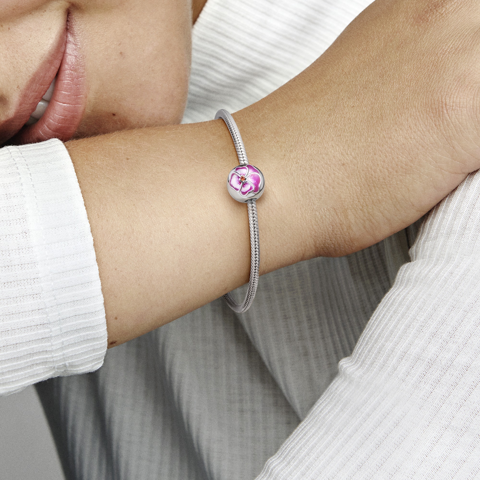 Pansy sterling silver clip with burnt orange crystal, shaded pink and white enamel