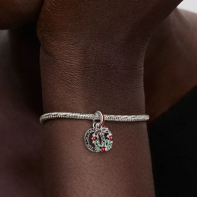 Holiday wreath sterling silver double dangle with clear cubic zirconia, royal green crystal and red glitter enamel/794238C01