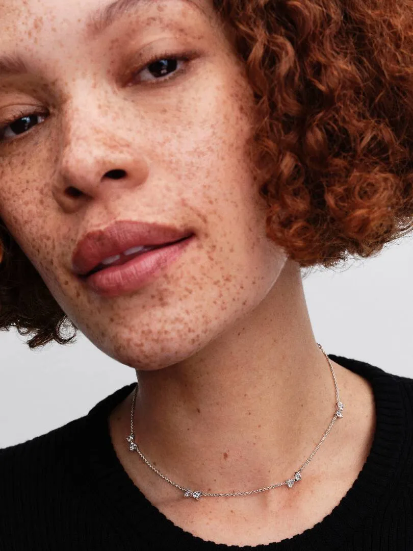 Bow sterling silver station chain necklace with clear cubic zirconia and sliding clasp/394231C01-40