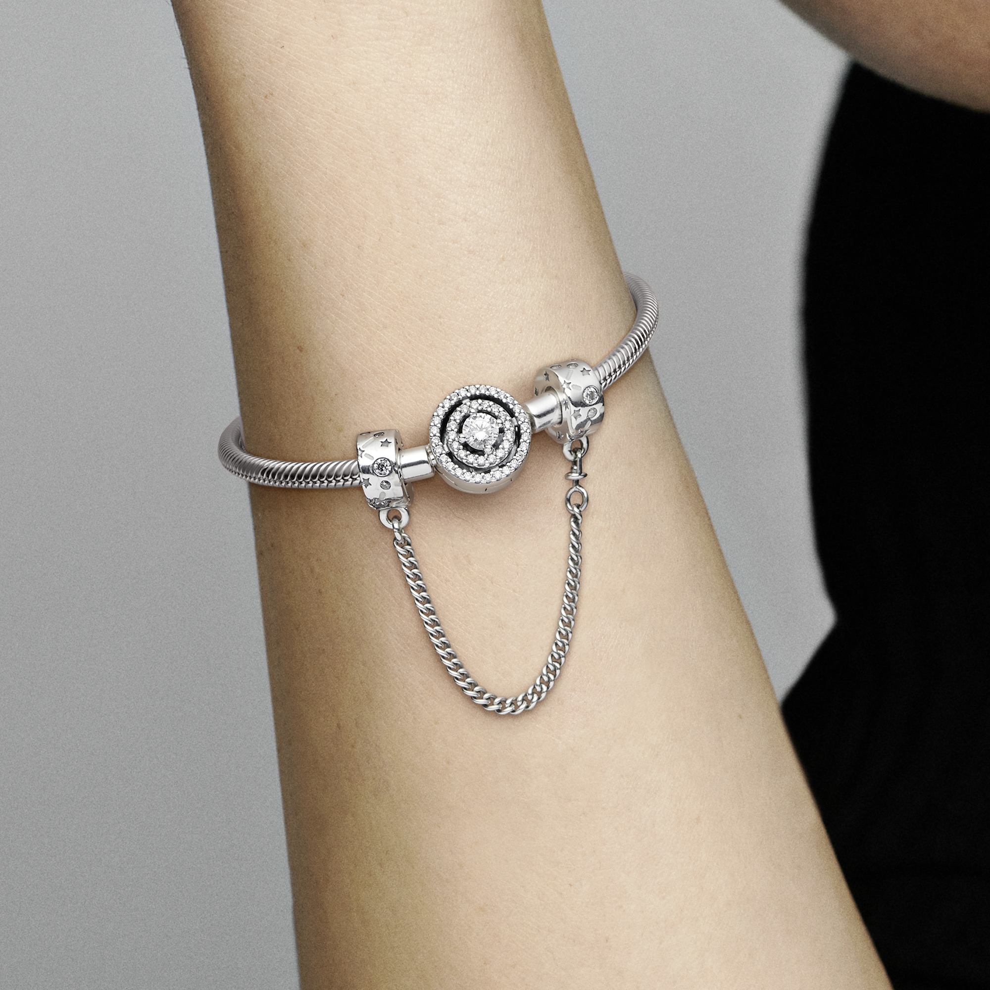 Constellation sterling silver safety chain with clear cubic zirconia and shimmering silver white