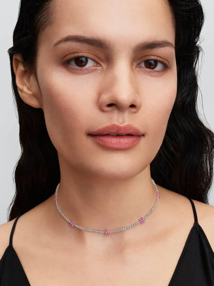 Flower sterling silver choker with fancy pink, clear cubic zirconia and sliding clasp/ 394561C01-40