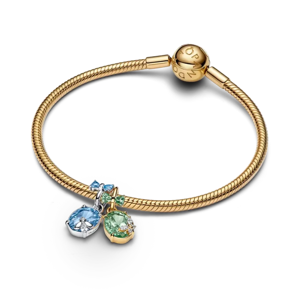 Bee and butterfly sterling silver and 14k gold-plated splittable dangle with clear cubic zirconia, green and blue crystal/ 764400C01