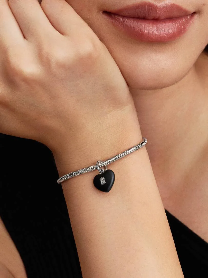 Heart padlock sterling silver dangle with black ce