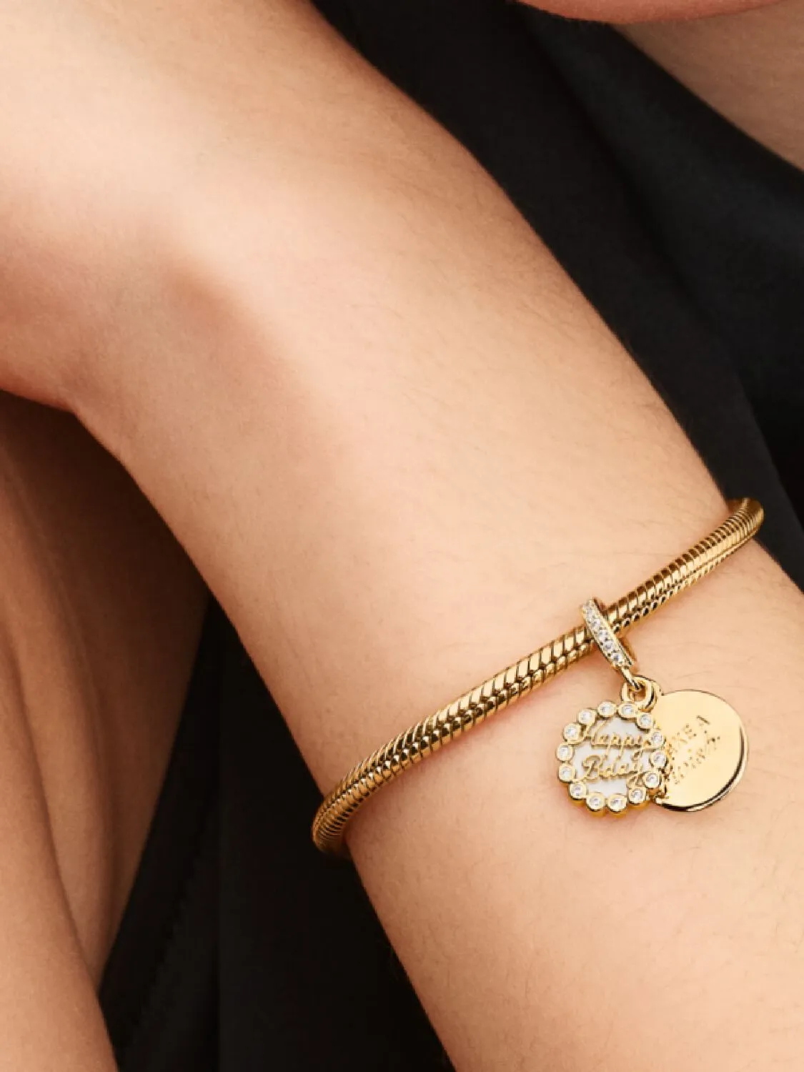 Happy Bday 14k gold-plated dangle with white biore