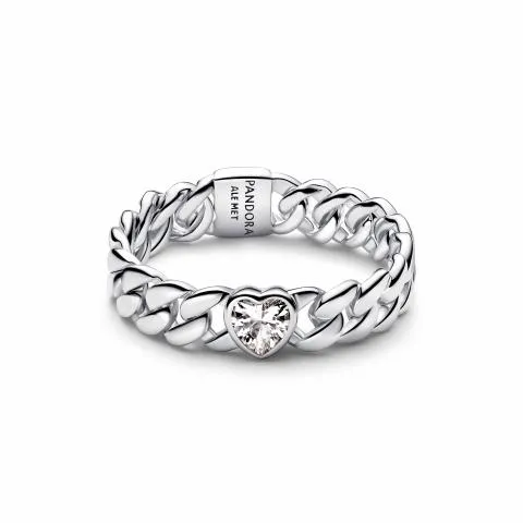 Heart cuban chain sterling silver ring with clear 