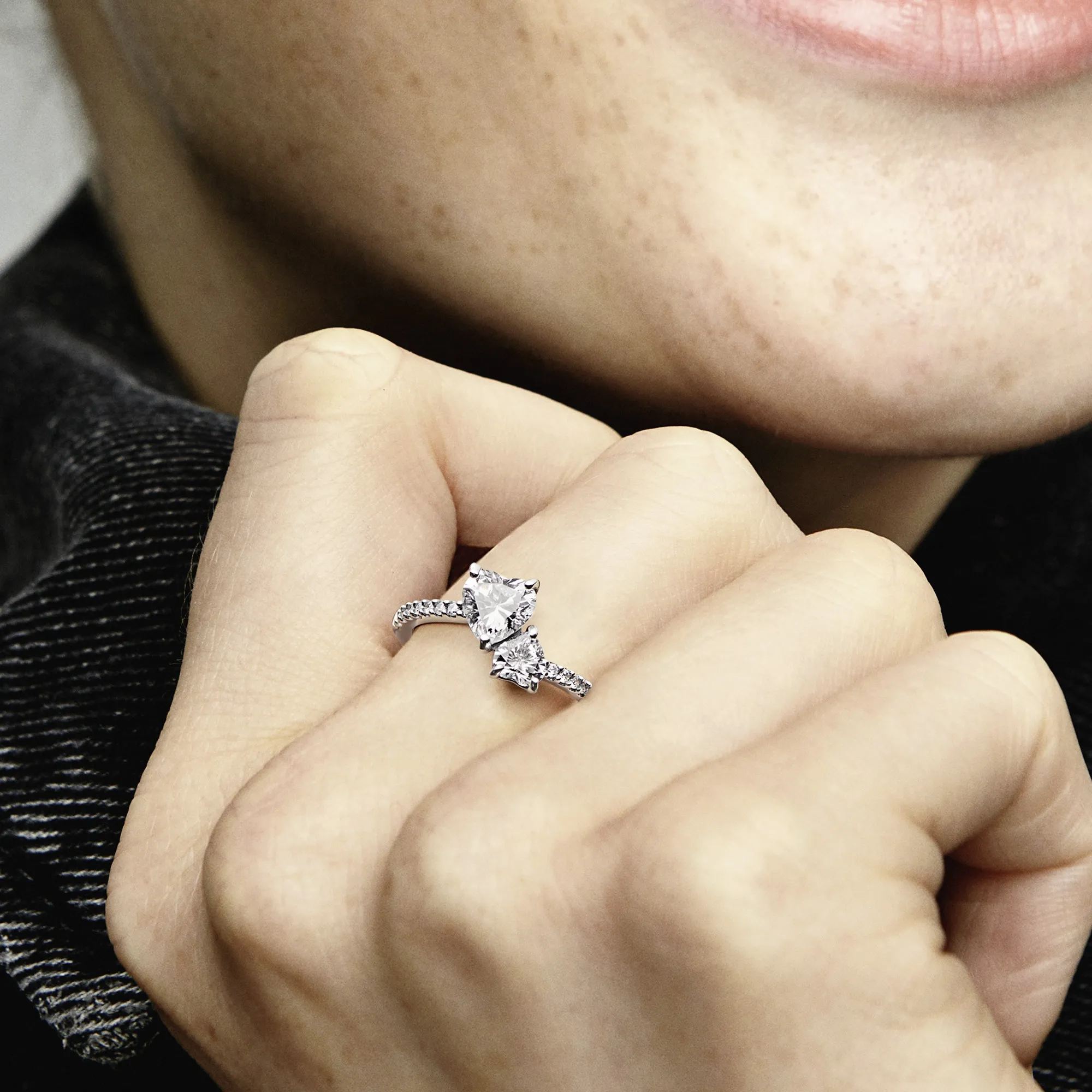 Double heart sterling silver ring with clear cubic