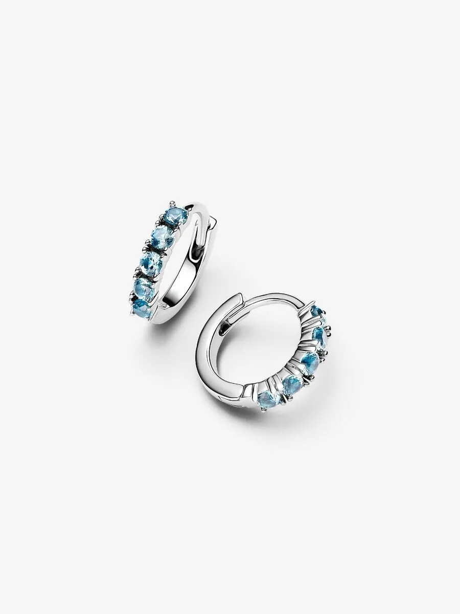 Sterling silver huggie earrings with aquamarine blue crystal/ 293849C01