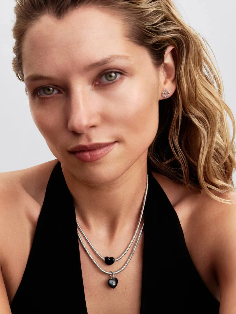 Heart padlock sterling silver dangle with black ceramic and clear cubic zirconia/ 794424C02