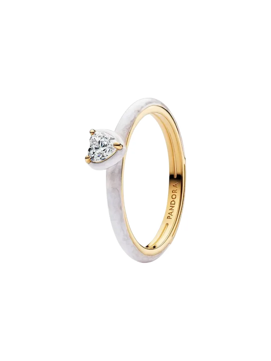 Heart 14k gold-plated ring with clear cubic zirconia and shimmering white enamel / 163088C01-54