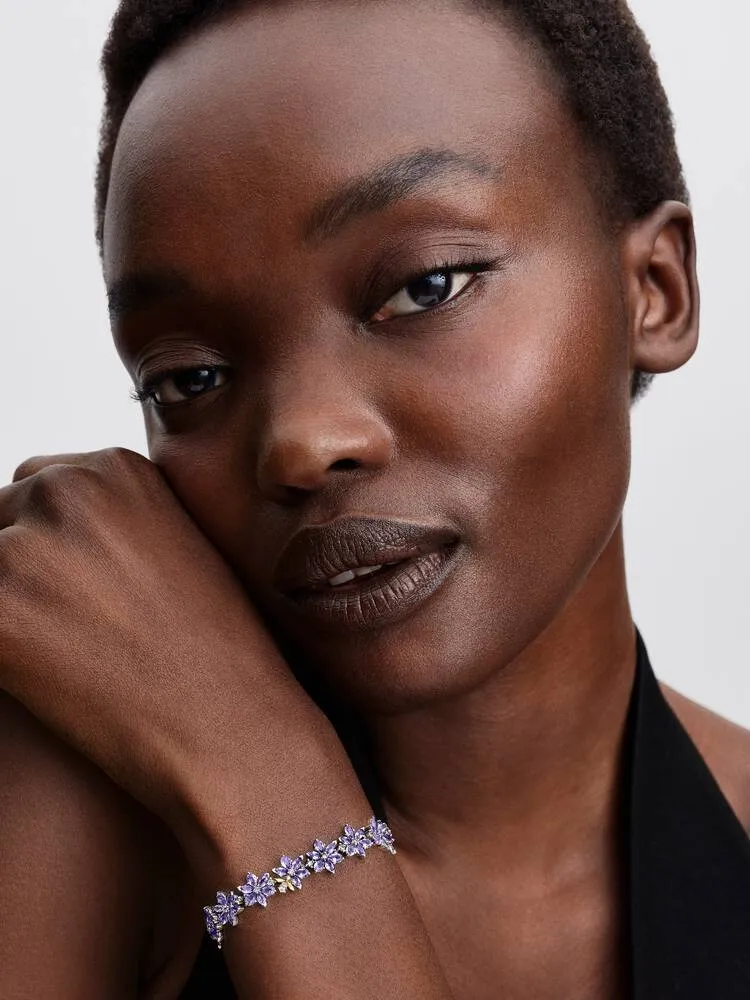 Herbarium and bee sterling silver and 14k gold-plated tennis bracelet with orchid purple crystal and clear cubic zirconia/ 564396C01-18