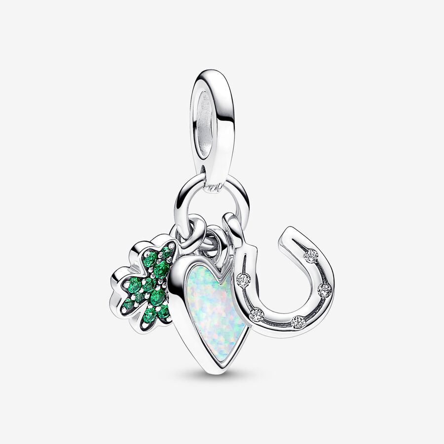 Clover, heart and horseshoe sterling silver dangle