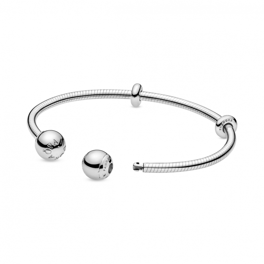 Silver open bangle with silicone stoppers and interchangeable end caps/ 596477-2