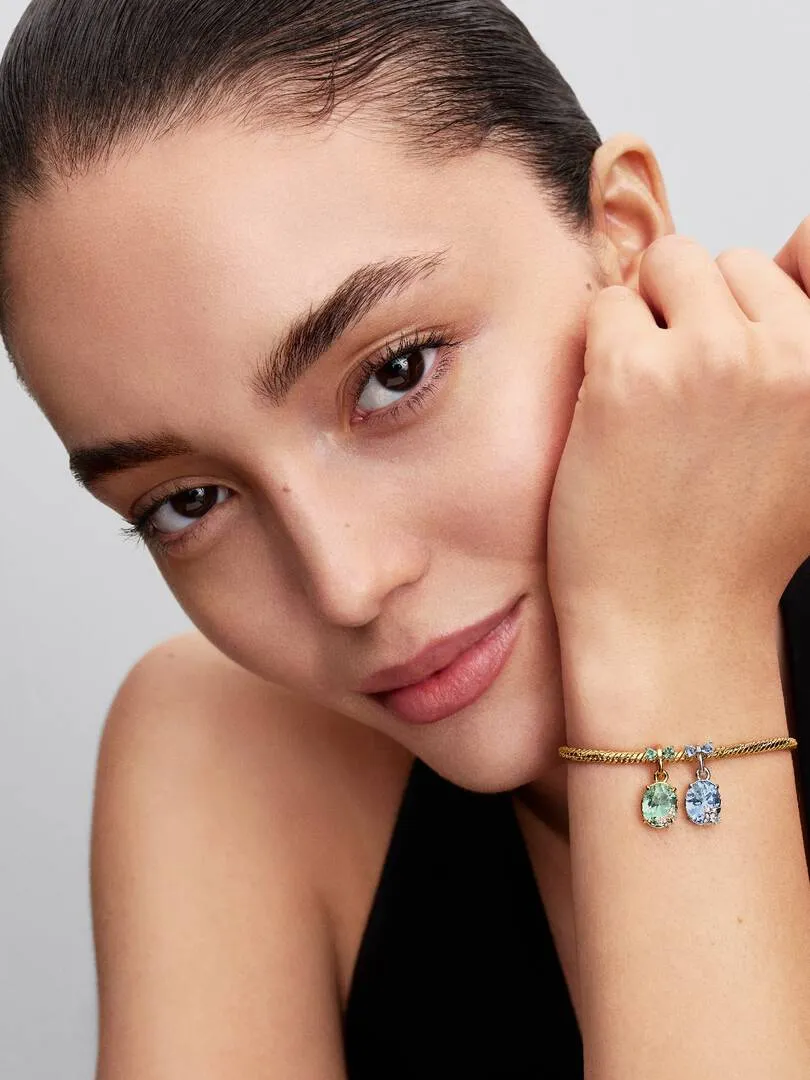 Bee and butterfly sterling silver and 14k gold-plated splittable dangle with clear cubic zirconia, green and blue crystal/ 764400C01