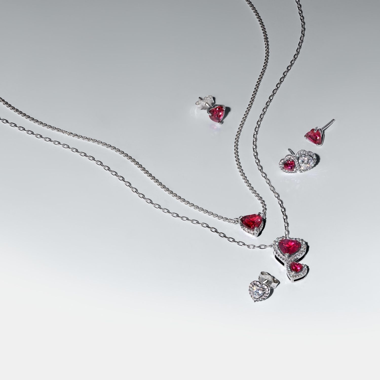 Hearts sterling silver pendant necklace with cherries jubilee red crystal and clear cubic zirconia/ 393658C01-60