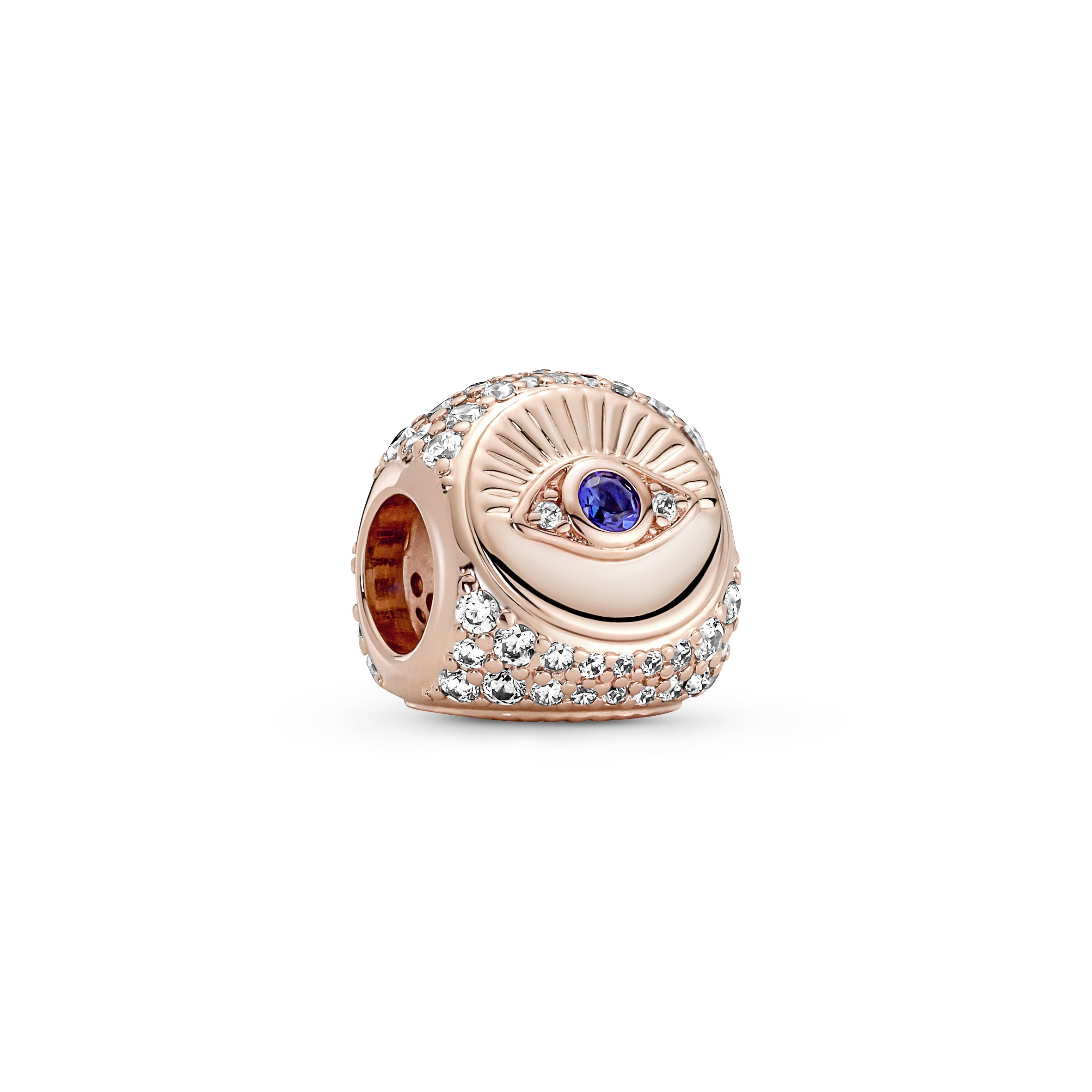 Eye, hamsa hand and  feather 14k rosegold-plated charm with true blue crystal, clear cubic zirconia 