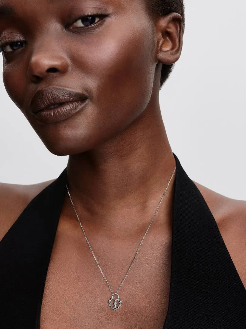 Heart padlock sterling silver pendant necklace with clear cubic zirconia/ 394416C01-50